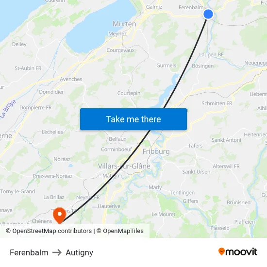 Ferenbalm to Autigny map
