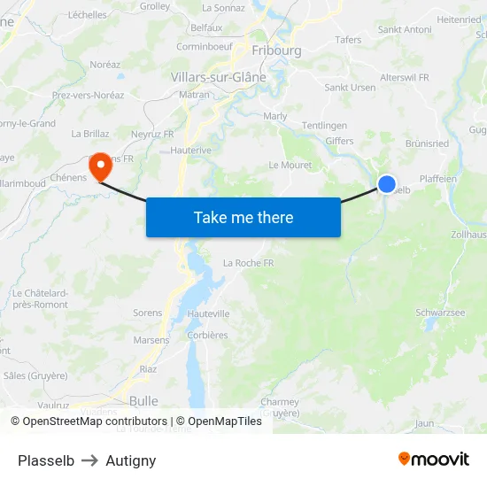 Plasselb to Autigny map