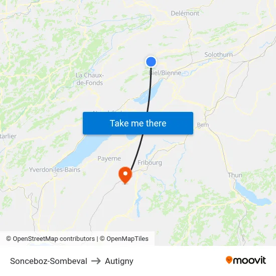 Sonceboz-Sombeval to Autigny map