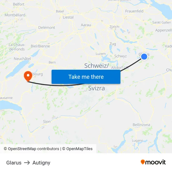 Glarus to Autigny map