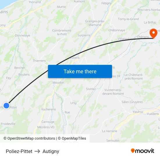 Poliez-Pittet to Autigny map