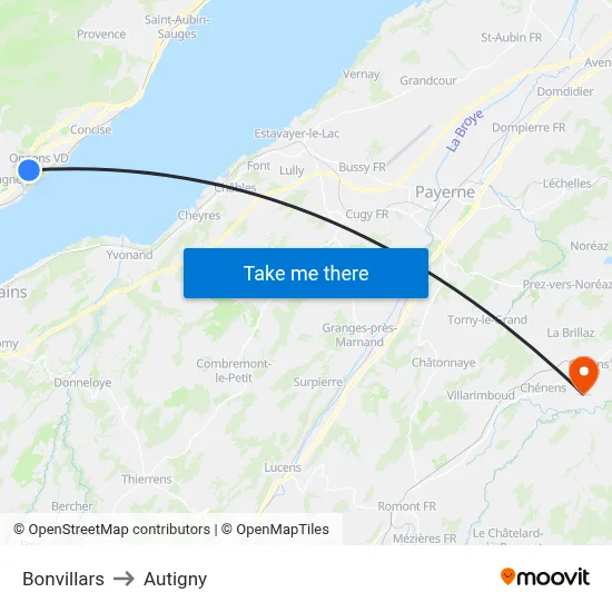 Bonvillars to Autigny map