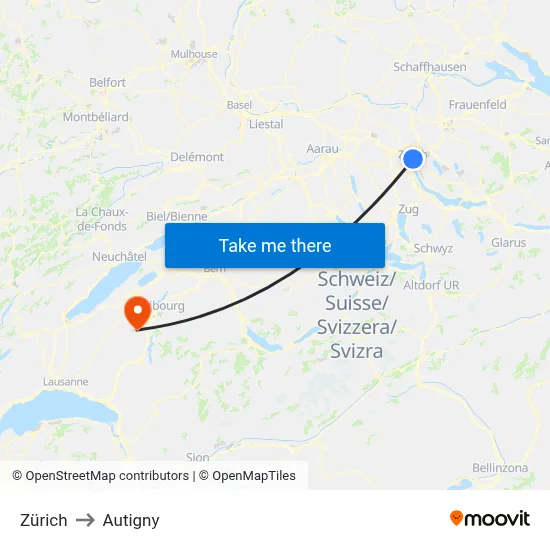 Zürich to Autigny map