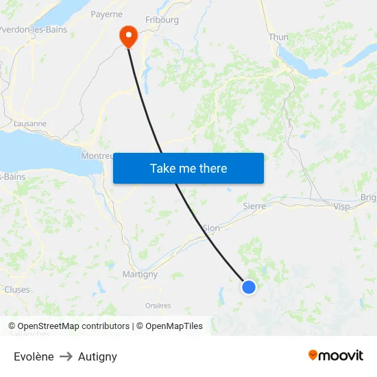 Evolène to Autigny map