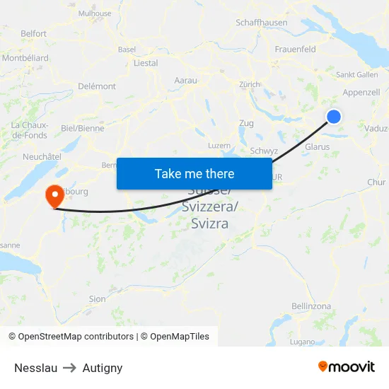 Nesslau to Autigny map