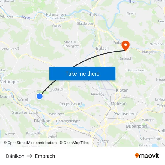 Dänikon to Embrach map