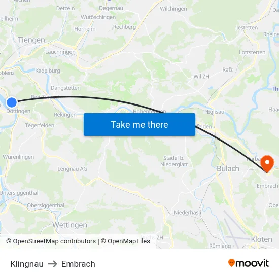Klingnau to Embrach map
