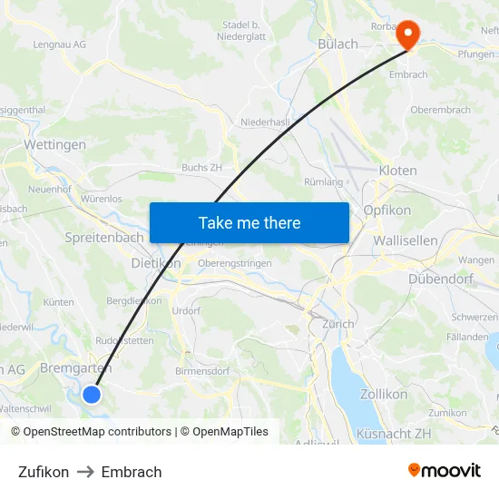 Zufikon to Embrach map