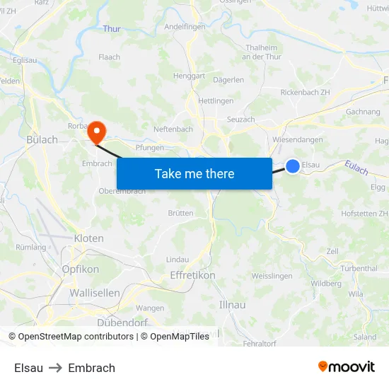 Elsau to Embrach map