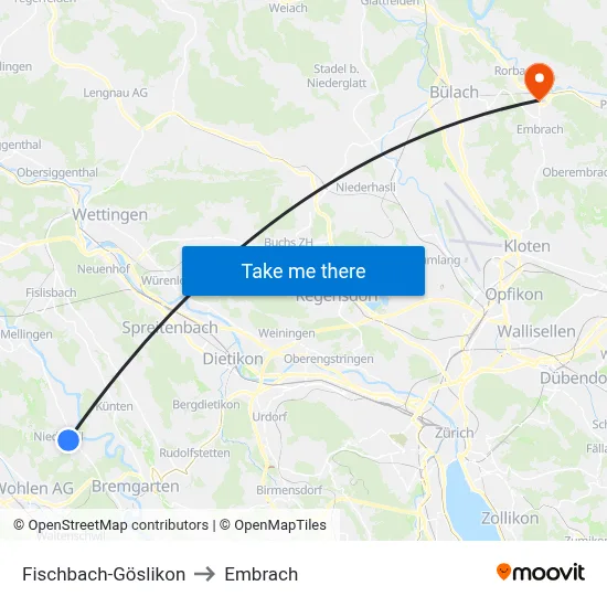 Fischbach-Göslikon to Embrach map