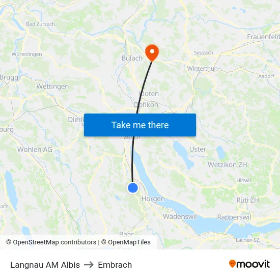 Langnau AM Albis to Embrach map
