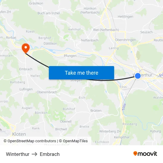 Winterthur to Embrach map