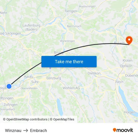 Winznau to Embrach map