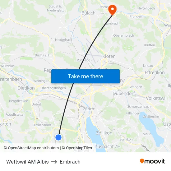 Wettswil AM Albis to Embrach map