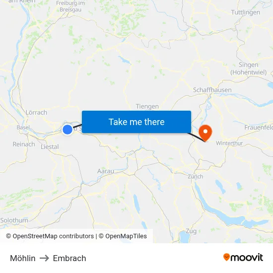 Möhlin to Embrach map