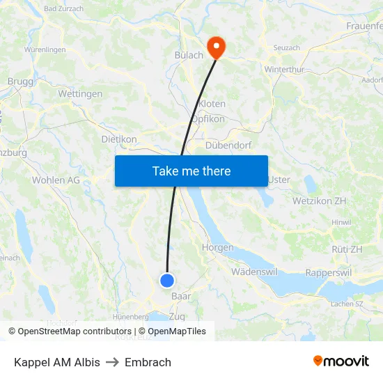 Kappel AM Albis to Embrach map