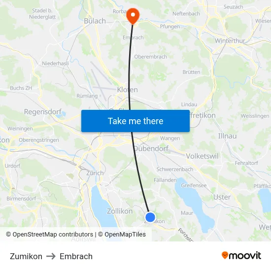 Zumikon to Embrach map