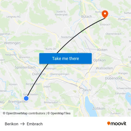 Berikon to Embrach map