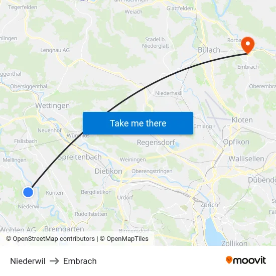 Niederwil to Embrach map