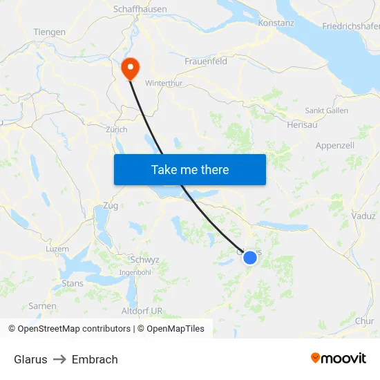 Glarus to Embrach map