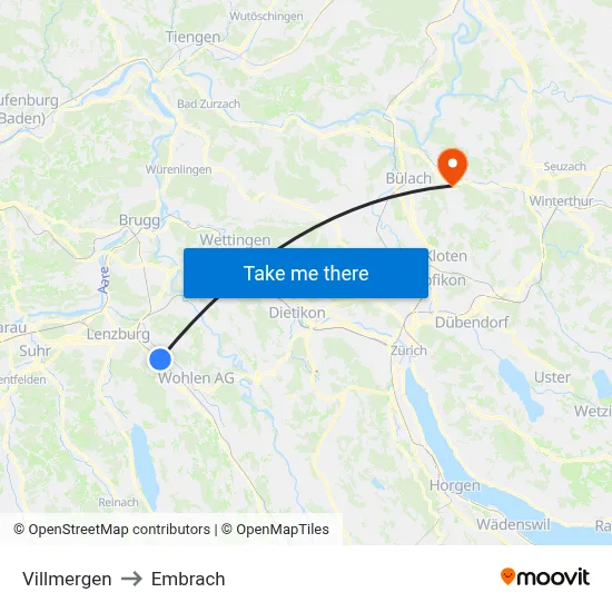 Villmergen to Embrach map