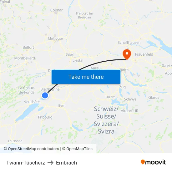 Twann-Tüscherz to Embrach map