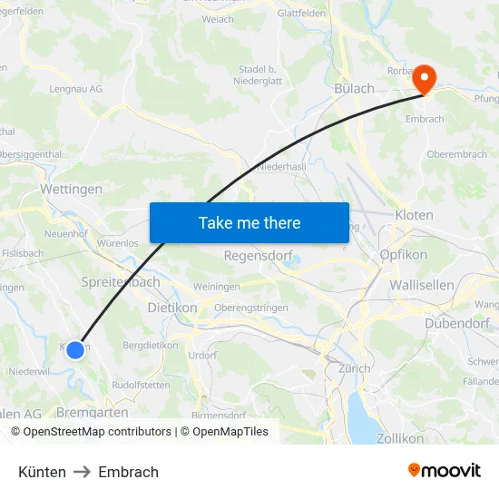 Künten to Embrach map