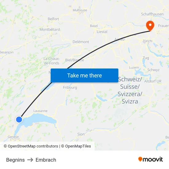 Begnins to Embrach map