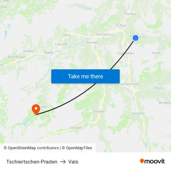 Tschiertschen-Praden to Vals map