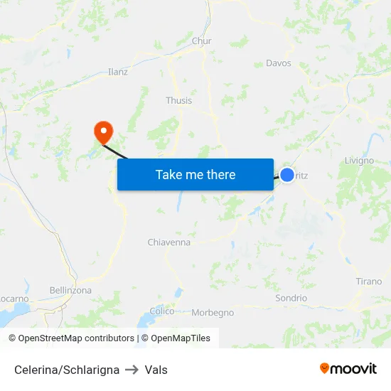 Celerina/Schlarigna to Vals map