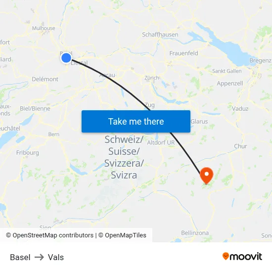 Basel to Vals map