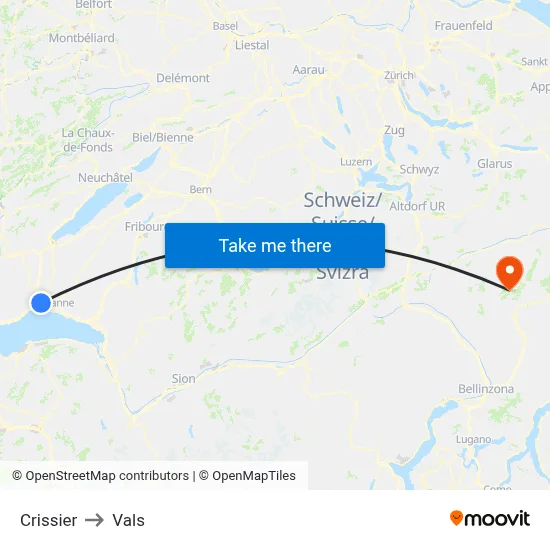Crissier to Vals map