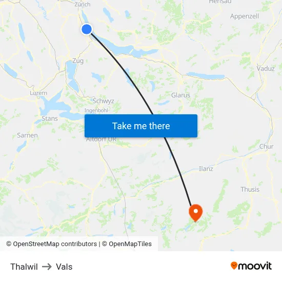 Thalwil to Vals map