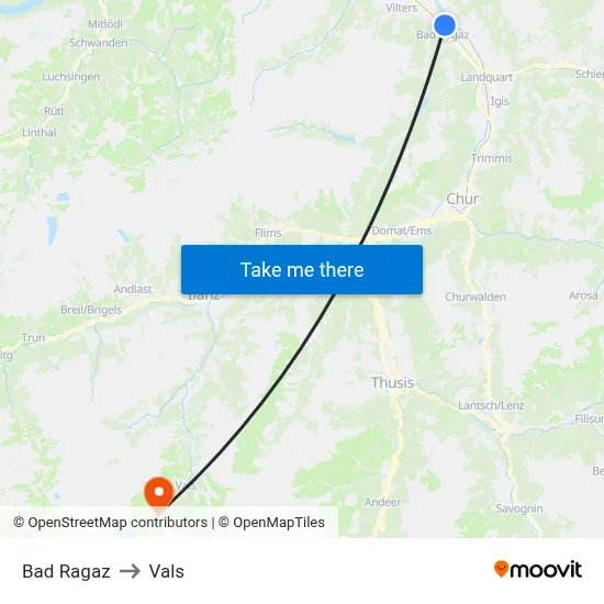 Bad Ragaz to Vals map