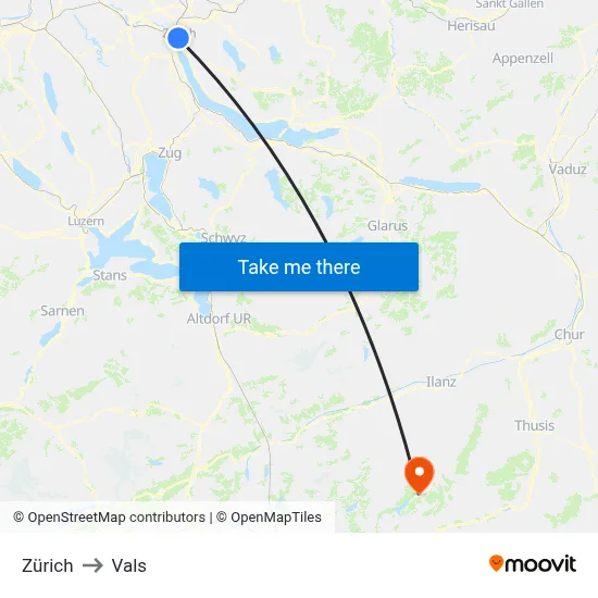 Zürich to Vals map