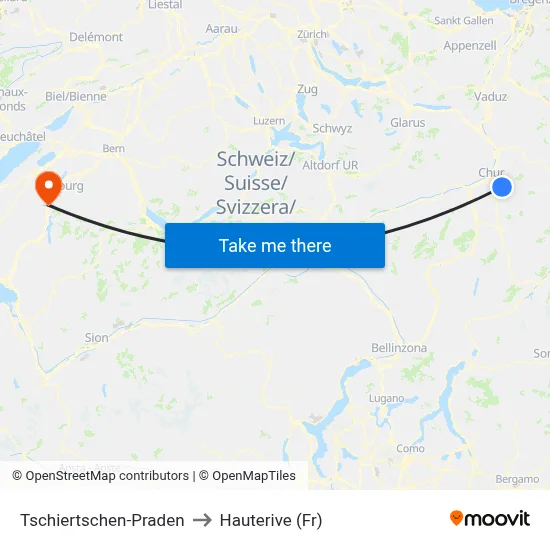 Tschiertschen-Praden to Hauterive (Fr) map