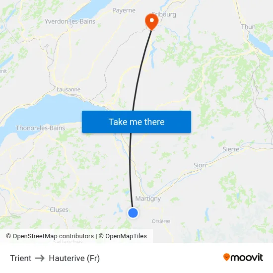 Trient to Hauterive (Fr) map