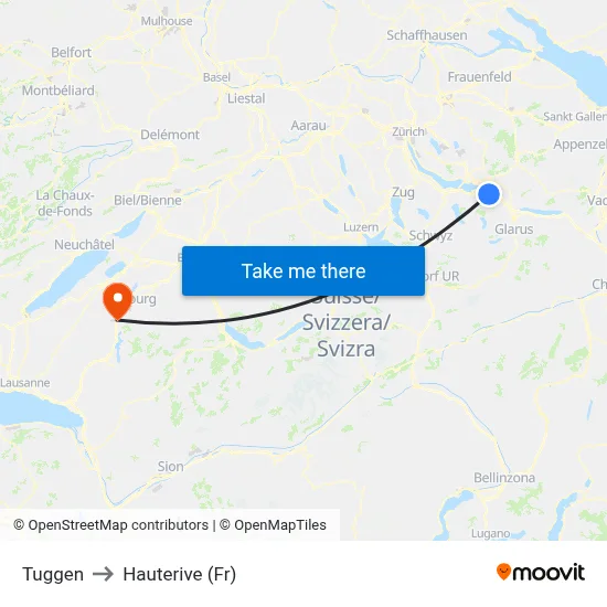 Tuggen to Hauterive (Fr) map