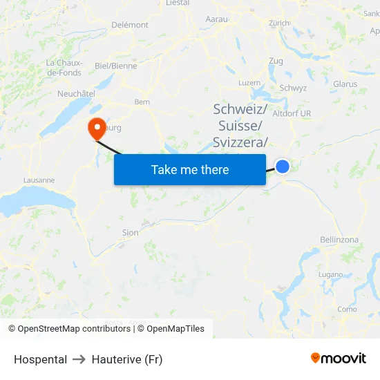 Hospental to Hauterive (Fr) map
