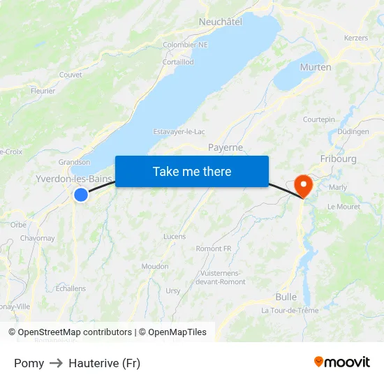 Pomy to Hauterive (Fr) map