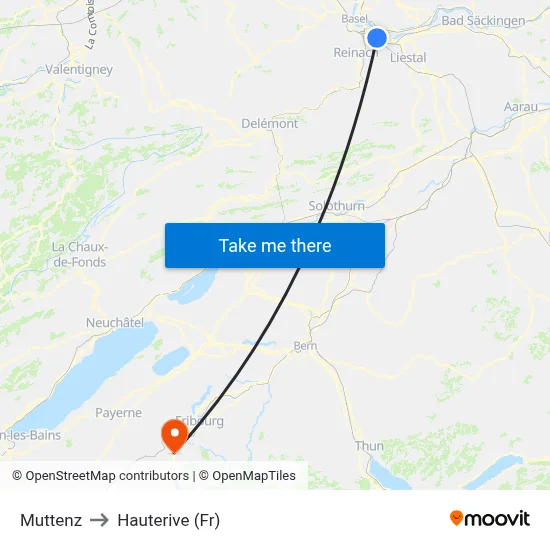 Muttenz to Hauterive (Fr) map