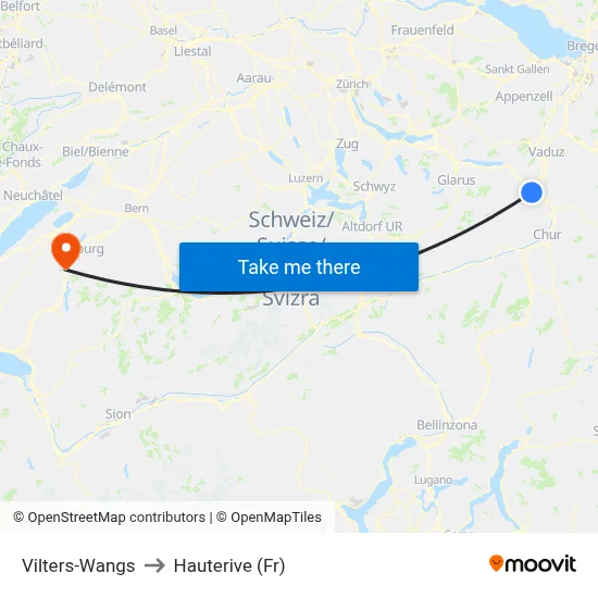 Vilters-Wangs to Hauterive (Fr) map