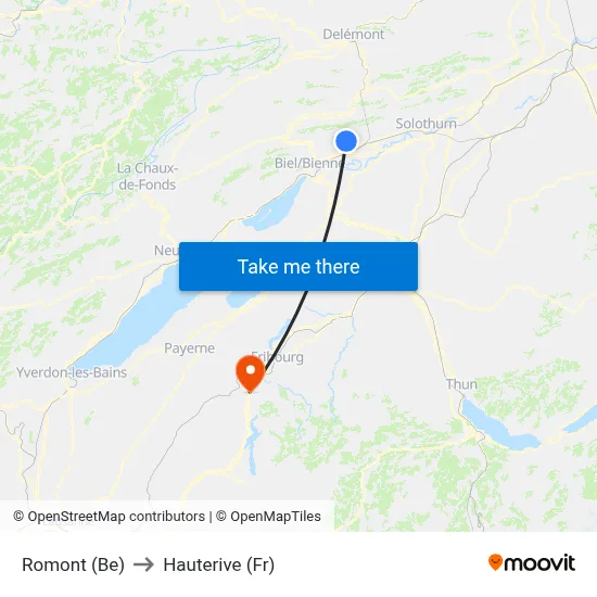 Romont (Be) to Hauterive (Fr) map