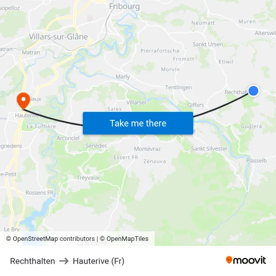 Rechthalten to Hauterive (Fr) map