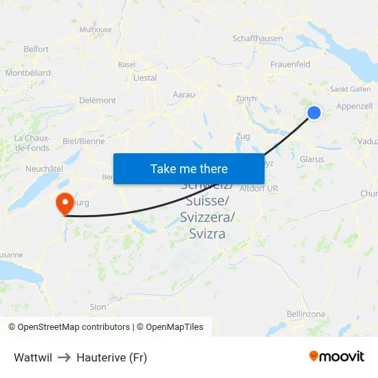Wattwil to Hauterive (Fr) map