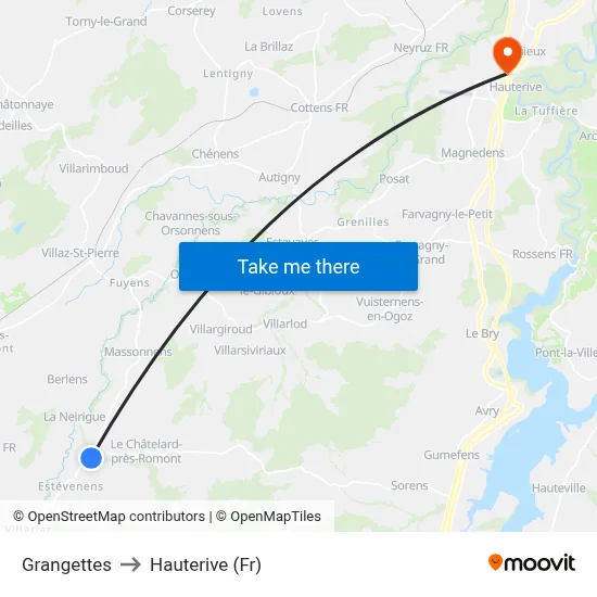 Grangettes to Hauterive (Fr) map