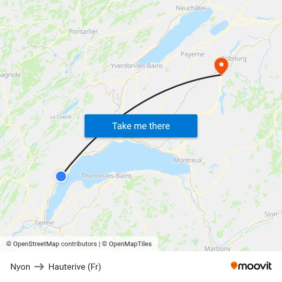 Nyon to Hauterive (Fr) map