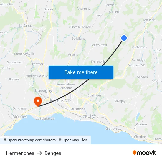 Hermenches to Denges map
