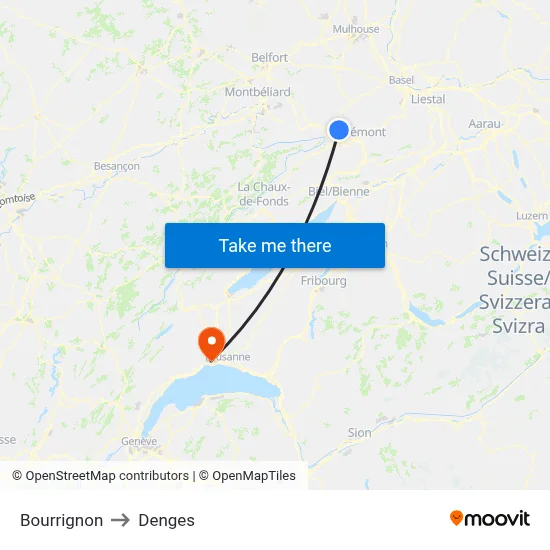 Bourrignon to Denges map