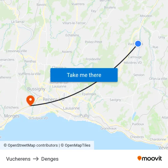 Vucherens to Denges map